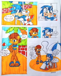 Size: 1285x1600 | Tagged: safe, artist:sebas289377, sally acorn, sonic the hedgehog, chipmunk, hedgehog, 2026, beach, bikini, blood, blushing, bush, comic, daytime, dialogue, drink, drinking glasses, duo, english text, female, glasses, juice, male, nosebleed, palm tree, pass out, sally x sonic, shipping, speech bubble, straight, sun lounger, sunglasses, swimsuit, traditional media, umbrella