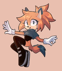 Size: 1024x1178 | Tagged: safe, artist:praquina, oc, 2019, boots, clothes, eyelashes, female, gloves, looking at viewer, mouth open, oc only, poncho, ponytail, simple background, smile, solo, tan background, unknown oc, unknown species