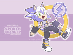 Size: 4024x3024 | Tagged: safe, artist:chipo811, oc, oc:marizza rose, hedgehog, 2026, belt, character name, clothes, english text, female, fingerless gloves, fur markings, gloves, jacket, lightning bolt, magical robot spawn, midriff, mouth open, oc only, one fang, outline, pants, parent:amy, parent:metal sonic, parents:metamy, ring, shoes, solo, sonic channel style, text
