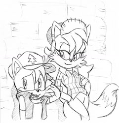 Size: 978x1016 | Tagged: source needed, safe, artist:chauvels, fiona fox, miles "tails" prower, fox, black and white, clothes, cosplay, crossover, duo, female, fiona x tails, fully clothed, gravity band, hat, hugging, male, pants, shipping, shirt, straight