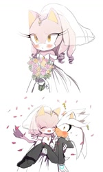 Size: 692x1153 | Tagged: safe, artist:jadii-l, blaze the cat, silver the hedgehog, cat, hedgehog, archived art, blushing, carrying them, clothes, duo, falling leaves, female, flower, fully clothed, happy, holding something, male, question mark, shipping, silvaze, simple background, straight, wedding, wedding dress, wedding suit, white background