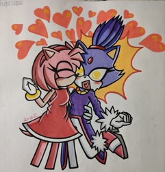 Size: 1978x2048 | Tagged: safe, artist:sugarfilledmaple, amy rose, blaze the cat, 2026, amy x blaze, blushing, duo, eyes closed, heart, heart tongue, kiss, kiss on head, lesbian, mouth open, shipping, shocked, standing, traditional media