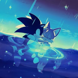 Size: 800x800 | Tagged: safe, artist:shotapop, miles "tails" prower, sonic the hedgehog, 2026, age difference, cute, duo, gay, holding each other, rain, shipping, smile, sonic x tails, tailabetes, water