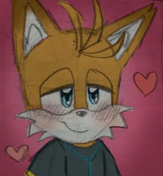 Size: 600x647 | Tagged: safe, artist:appleandcinnamon, miles "tails" prower, nine, sonic prime, flat colors, gradient background, heart, lidded eyes, looking offscreen, sketch, smile, solo