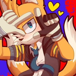 Size: 600x600 | Tagged: safe, artist:appleandcinnamon, miles "tails" prower, nine, sonic prime, 2025, blushing, heart, lidded eyes, looking at viewer, smile, solo, tie
