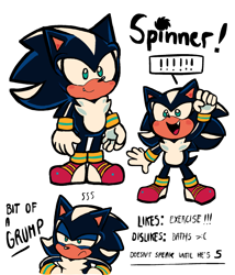 Size: 1280x1494 | Tagged: safe, artist:mercurio-shadowz, oc, oc:spinner the hedgehog, hedgehog, character name, cute, english text, exclamation mark, fankid, magical gay spawn, oc only, ocbetes, one fang, parent:shadow, parent:sonic, parents:sonadow, question mark, simple background, smile, solo, standing, text, white background