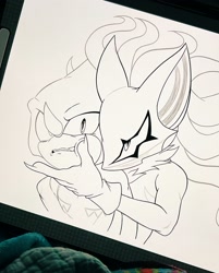 Size: 1646x2047 | Tagged: safe, artist:corffee, espio the chameleon, infinite the jackal, 2026, bust, claws, duo, espio x infinite, fangs, gay, holding them, line art, looking at each other, monochrome, scar, shipping, simple background, top surgery scars, trans boy espio, trans male, transgender, white background