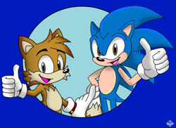 Size: 1280x933 | Tagged: safe, artist:frostthehobidon, miles "tails" prower, sonic the hedgehog, adventures of sonic the hedgehog, 2024, alternate eye color, brown eyes, duo, grey eyes, looking at viewer, male, mouth open, redraw, smile, sonic satam, thumbs up