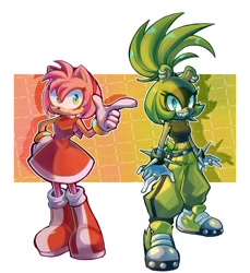 Size: 2154x2352 | Tagged: safe, artist:manyelcualquier, amy rose, surge the tenrec, hedgehog, tenrec, :3, abstract background, duo, female, grin, hand on hip, outline, pointing, smile, white outline