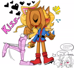 Size: 2048x1888 | Tagged: safe, artist:magicvicky1, antoine d'coolette, bunnie rabbot, coyote, rabbit, 2025, blushing, buntoine, dialogue, duo, english text, female, heart, holding something, kiss, male, shipping, simple background, speech bubble, straight, sword, weapon, white background