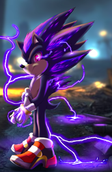 Size: 1200x1827 | Tagged: safe, artist:molochtdl, oc, oc:shadik, hedgehog, 2025, chest fluff, electricity, fixing glove, frown, fusion, fusion:shadow, fusion:sonic, glowing eyes, male, movie style, oc only, photographic background, side view, soap shoes, solo, standing, style emulation