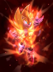 Size: 1511x2048 | Tagged: safe, artist:odsonadow, sonic the hedgehog, super sonic 2, hedgehog, sonic frontiers, 2023, flying, frown, glowing eyes, looking offscreen, male, mid-air, solo, sonic frontiers: final horizon, super form