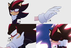 Size: 3645x2448 | Tagged: safe, artist:odsonadow, shadow the hedgehog, sonic the hedgehog, hedgehog, 2022, anonymous editor, comforting, crying, dark bags under eyes, duo, edit, eyes closed, frown, gay, grey background, hugging, lidded eyes, male, reaching out, shadow x sonic, shipping, simple background, stitched, tears