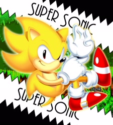 Size: 1847x2048 | Tagged: safe, artist:imstupidale, sonic the hedgehog, super sonic, hedgehog, 2026, angel island, angel island zone, character name, classic sonic, classic style, english text, fixing glove, lineless, male, outline, screenshot background, smile, solo, sonic the hedgehog 3, style emulation, super form, text