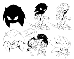 Size: 1350x1080 | Tagged: safe, artist:milk_addicc, amy rose, silver the hedgehog, hedgehog, 2026, amy mistaking everyone for sonic, arrow, black and white, clenched teeth, dialogue, duo, eyes closed, female, frown, hugging, line art, looking at viewer, looking offscreen, male, monochrome, shadowed face, simple background, smile, standing, text, white background