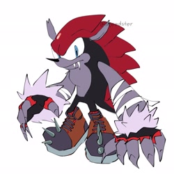 Size: 2048x2048 | Tagged: safe, artist:speedster_art, mighty the armadillo, armadillo, 2026, boots, claws, fangs, fingerless gloves, flat colors, looking at viewer, male, sharp teeth, solo, standing, were form, weremadillo