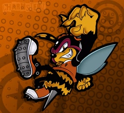 Size: 2048x1868 | Tagged: safe, artist:charmsterz, charmy bee, bee, 2026, claws, clenched fist, clenched teeth, fangs, leg fluff, male, smile, solo, style emulation, uekawa style, were form, werebee