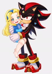 Size: 1448x2048 | Tagged: safe, artist:koakaworu, maria robotnik, shadow the hedgehog, hedgehog, human, 2026, age difference, barefoot, blushing, bow, carrying them, cute, duo, female, frown, grey background, looking at viewer, male, maria x shadow, mouth open, pseudo-incest, shipping, simple background, size difference, smile, standing, sticker, straight