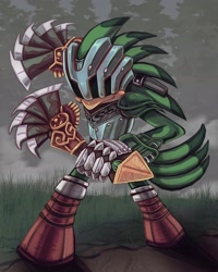 Size: 1638x2048 | Tagged: safe, artist:wahl_art1997, jet the hawk, bird, sonic and the black knight, 2026, grass, holding something, knight armor, outdoors, sir lamorak, smile, solo, tree, weapon