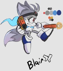 Size: 1303x1470 | Tagged: safe, artist:spirit_salts, miles "tails" prower, oc, oc:blair, fox, 2026, alternate universe, au:outcome memories, blaster, blue shoes, color palette, eyewear on head, fur markings, goggles, goggles on head, holding something, looking offscreen, scarf, simple background, solo, weapon, white background