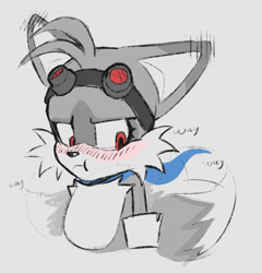 Size: 827x862 | Tagged: safe, artist:spirit_salts, miles "tails" prower, oc, oc:blair, fox, 2026, alternate universe, au:outcome memories, blushing, embarrassed, eyelashes, eyewear on head, flat colors, fur markings, goggles, goggles on head, looking down, male, pout, scarf, sfx, simple background, solo, standing, text, wagging tail, white background