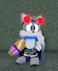 Size: 349x426 | Tagged: safe, artist:spirit_salts, miles "tails" prower, oc, oc:blair, fox, 2026, 3d, alternate universe, arm buster, au:outcome memories, blaster, blue shoes, eyewear on head, goggles, goggles on head, male, no mouth, scarf, screencap, solo, standing, weapon