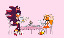 Size: 2048x1221 | Tagged: safe, artist:draivysand, cream the rabbit, shadow the hedgehog, 2025, bow, chair, cheek fluff, cup, duo, eyes closed, flat colors, flower, lidded eyes, pink background, plate, side view, simple background, sitting, smile, table, tea, tea party, teacup, vase