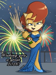 Size: 1536x2048 | Tagged: safe, artist:silvers_rings, sally acorn, chipmunk, 2026, alternate outfit, champagne, clothes, dress, drink, female, fireworks, holding something, looking at viewer, new years, nighttime, solo