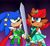 Size: 2048x1877 | Tagged: safe, artist:kittytale, sally acorn, sonic the hedgehog, chipmunk, hedgehog, 2026, clothes, cosplay, crossover, duo, female, frown, gradient background, holding something, magical girl, male, sally x sonic, scar, shipping, straight, sword, tiara, weapon