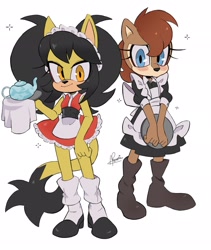 Size: 1725x2048 | Tagged: safe, artist:remimun, honey the cat, sally acorn, cat, chipmunk, 2026, blushing, clothes, duo, female, friendship, holding something, looking at viewer, maid outfit, napkin, plate, shy, simple background, smile, standing, teapot, white background