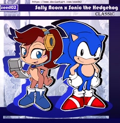 Size: 1418x1459 | Tagged: safe, artist:zeed_02, nicole the handheld, sally acorn, sonic the hedgehog, chipmunk, hedgehog, 2026, character name, classic sally, classic sonic, duo, english text, female, headphones, holding something, looking at viewer, male, pose, sally x sonic, shipping, smile, standing, straight