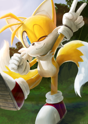 Size: 2480x3508 | Tagged: safe, artist:井上くと, miles "tails" prower, 2021, absurd res, clenched fist, daytime, faux 3d, grass, lineless, looking at viewer, outdoors, smile, solo, standing, standing on one leg, treads, tree, v sign, wink