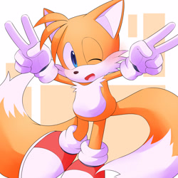 Size: 3000x3000 | Tagged: safe, artist:ノレゴ, miles "tails" prower, 2024, blushing, cute, double v sign, looking at viewer, mouth open, open smile, smile, solo, standing, tailabetes, v sign, wink