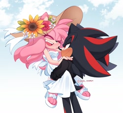 Size: 2000x1829 | Tagged: safe, artist:inked_whimsy, amy rose, shadow the hedgehog, hedgehog, 2025, alternate outfit, amy x shadow, carrying them, clothes, daytime, dress, duo, female, flower, happy, hat, male, shipping, smile, straight, suit, sun hat