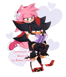 Size: 1714x2000 | Tagged: safe, artist:inked_whimsy, amy rose, shadow the hedgehog, hedgehog, 2026, alternate outfit, amy x shadow, book, clothes, dress, duo, ear piercing, female, fully clothed, heart, holding something, male, pants, piercing, reading, shipping, sitting, smile, straight, suit