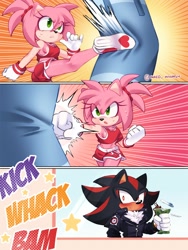 Size: 1500x2000 | Tagged: safe, artist:inked_whimsy, amy rose, shadow the hedgehog, hedgehog, 2026, alternate outfit, amy x shadow, blushing, clothes, comic, daytime, drink, duo, english text, female, g.u.n logo, holding something, jacket, kicking, male, punching, punching bag, shipping, shocked, straight, sweatdrop