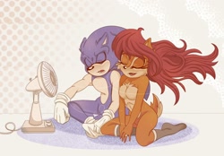 Size: 2048x1424 | Tagged: safe, artist:kadecreate, sally acorn, sonic the hedgehog, chipmunk, hedgehog, 2025, duo, electric fan, fan, female, long hair, male, sally x sonic, shipping, sitting, straight, summer, sweatdrop