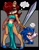 Size: 2975x3850 | Tagged: safe, artist:unhinged_honey, sally acorn, sonic the hedgehog, chipmunk, hedgehog, 2025, alternate outfit, dialogue, duo, english text, female, holding something, looking at viewer, male, pose, sally x sonic, shipping, shoulder fluff, speech bubble, straight, sword, thought bubble, weapon