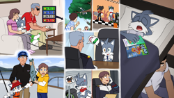 Size: 1056x594 | Tagged: safe, artist:joeadok, fox, human, 2024, bed, chair, daytime, extreme gear, female, fishing, fishing pole, g.u.n logo, g.u.n. commander, gaming, gaming controller, gray fox, group, holding something, magazine, male, phone, sitting, sleeping, sofa, speech bubble, table, talking, tree, unnamed character