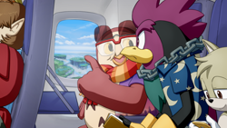 Size: 1056x594 | Tagged: safe, artist:joeadok, owl, 2025, aircraft, alternate outfit, chicken, clothes, daytime, don the rooster, duo, male, nite the owl, pointing, sitting, vehicle