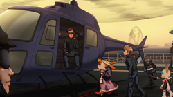 Size: 1056x594 | Tagged: safe, artist:joeadok, rouge the bat, vanilla the rabbit, bat, human, rabbit, 2025, bag, ear piercing, female, g.u.n logo, g.u.n soldier, glasses, group, helicopter, helipad, holding something, male, unnamed character, vehicle