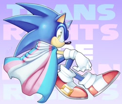 Size: 2048x1742 | Tagged: safe, artist:gumballoflegend, sonic the hedgehog, 2026, cape, english text, gradient background, pride, sitting, smile, solo, text, trans pride, trans rights