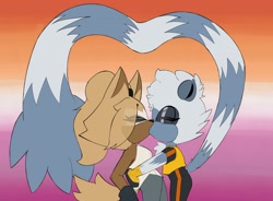 Size: 2048x1511 | Tagged: safe, artist:zeilart, tangle the lemur, whisper the wolf, 2025, duo, eye clipping through hair, eyes closed, flat colors, gradient background, heart tail, holding them, kiss, lesbian, lesbian pride, lesbian visibility day, one fang, pride, pride flag background, shipping, side view, standing, tangle x whisper