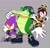 Size: 2048x1950 | Tagged: safe, artist:mimiipyon, charmy bee, espio the chameleon, vector the crocodile, bee, crocodile, 2026, chameleon, flat colors, flying, frown, grey background, holding something, kunai knife, looking at viewer, male, mid-air, mouth open, pose, posing, simple background, standing, team chaotix, trio, weapon