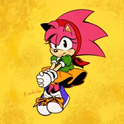 Size: 1000x1000 | Tagged: safe, artist:embrim1, amy rose, hedgehog, 2026, amybetes, blushing, classic amy, cute, hands together, looking at viewer, signature, simple background, smile, solo, yellow background
