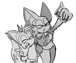 Size: 1365x1130 | Tagged: safe, artist:ilovetails, miles "tails" prower, rouge the bat, 2025, age difference, double v sign, duo, eyes closed, greyscale, holding something, lidded eyes, looking at camera, monochrome, mouth open, open smile, phone, selfie, shipping, simple background, smile, standing, straight, tailouge, v sign, white background