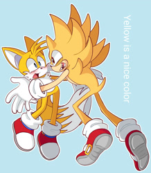 Size: 1607x1845 | Tagged: safe, artist:ilovetails, miles "tails" prower, sonic the hedgehog, super sonic, 2025, age difference, blue background, blushing, crying, duo, english text, flying, gay, holding them, looking at each other, mid-air, mouth open, outline, shipping, simple background, sonic x tails, super form, tears, text, treads