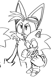 Size: 682x980 | Tagged: safe, artist:ilovetails, miles "tails" prower, sonic the hedgehog, 2025, age difference, age swap, aged down, aged up, armband, blushing, carrying them, classic sonic, duo, frown, gay, goggles, holding them, lidded eyes, looking down, looking offscreen, shipping, sonic x tails, standing