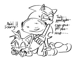 Size: 1057x862 | Tagged: suggestive, artist:ilovetails, miles "tails" prower, sonic the hedgehog, 2025, age difference, all fours, blushing, dialogue, duo, english text, eye twitch, gay, hand on butt, line art, monochrome, shipping, simple background, sonic x tails, spinning tails, sweatdrop, talking, text, white background