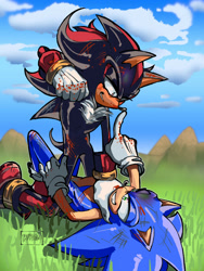 Size: 1500x2000 | Tagged: safe, artist:deadlyhighway, shadow the hedgehog, sonic the hedgehog, 2026, blood, bruise, clouds, daytime, duo, gay, grass, injured, lidded eyes, looking at each other, lying down, nose boop, outdoors, pointing, scar, scratch (injury), scuff mark, shadow x sonic, shipping, smile, top surgery scars, trans male, transgender